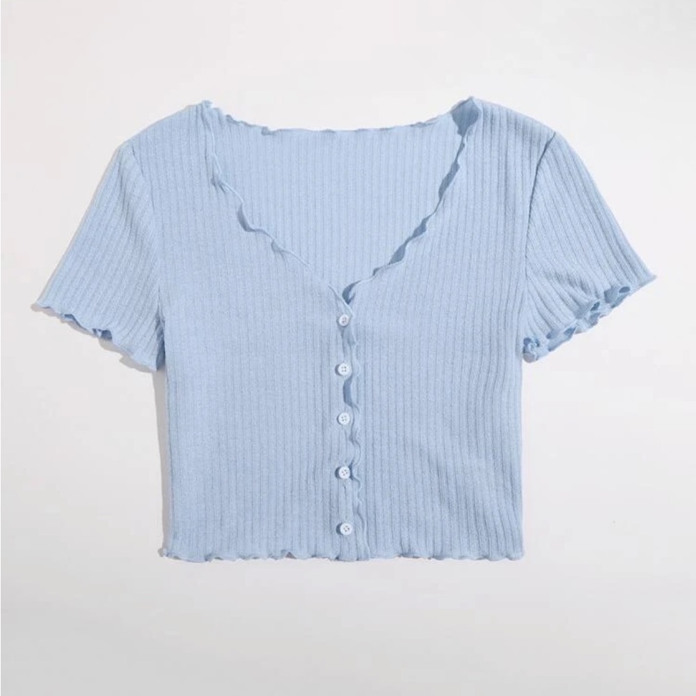 Shein Wavy Trimmed Rib Knot Crop Top Size Large in Blue